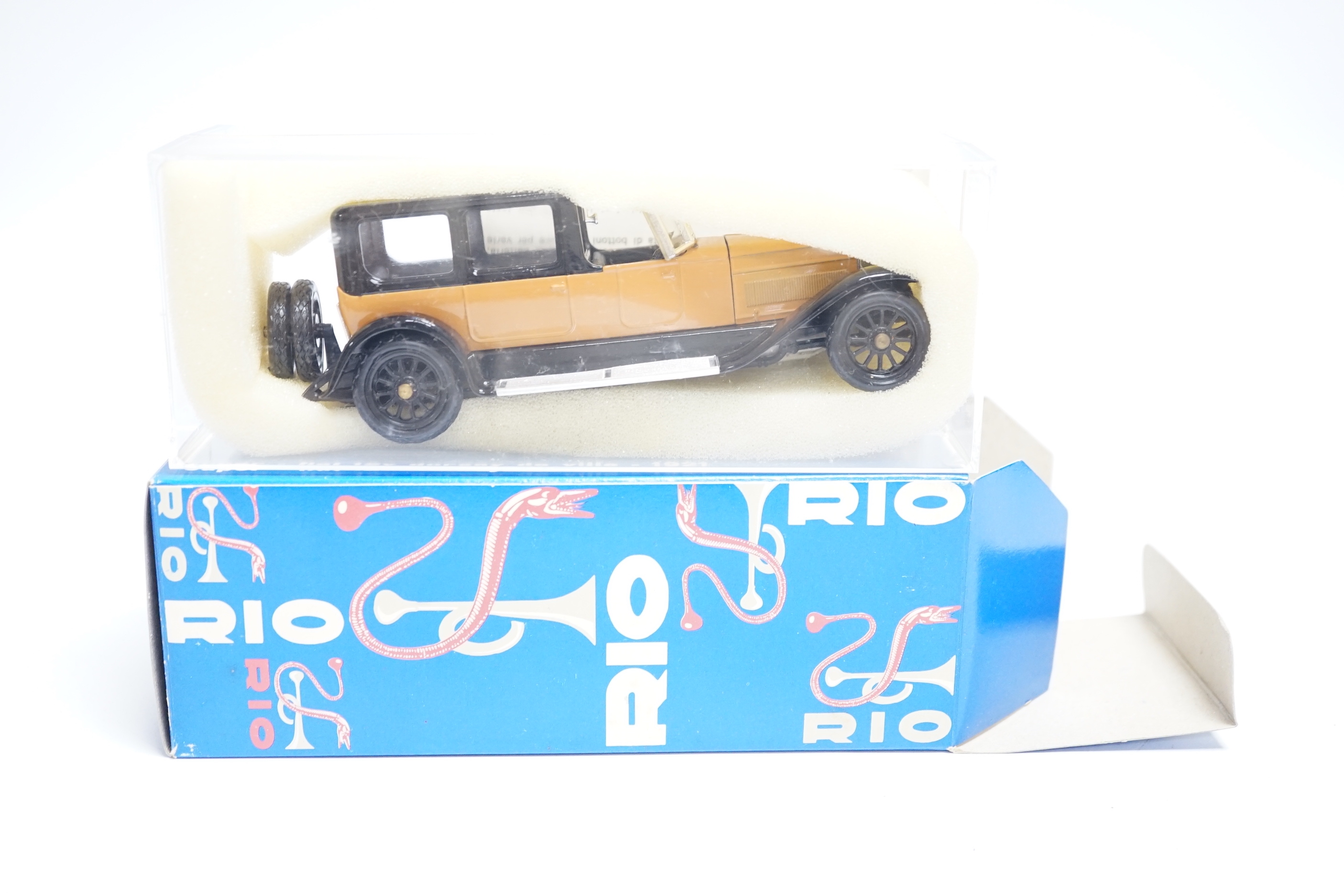 Twenty-one boxed Rio diecast models of veteran and vintage cars, together with two 1970s catalogues